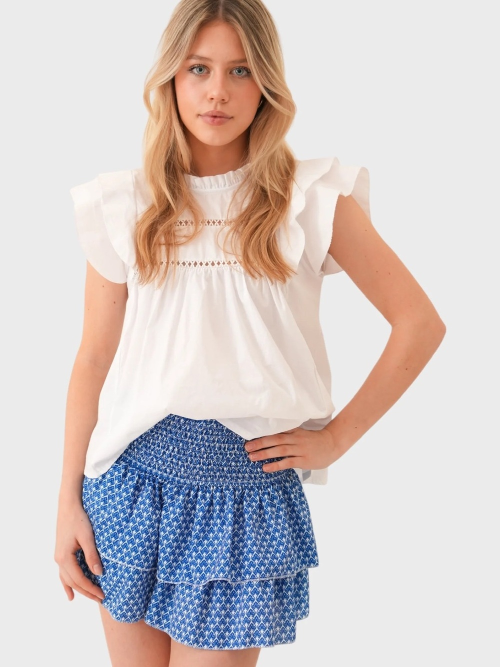 **NWT** MEET ME THERE Set: Amalfi  Blue Smocked Tiered Mini Skirt - M/L and Top
